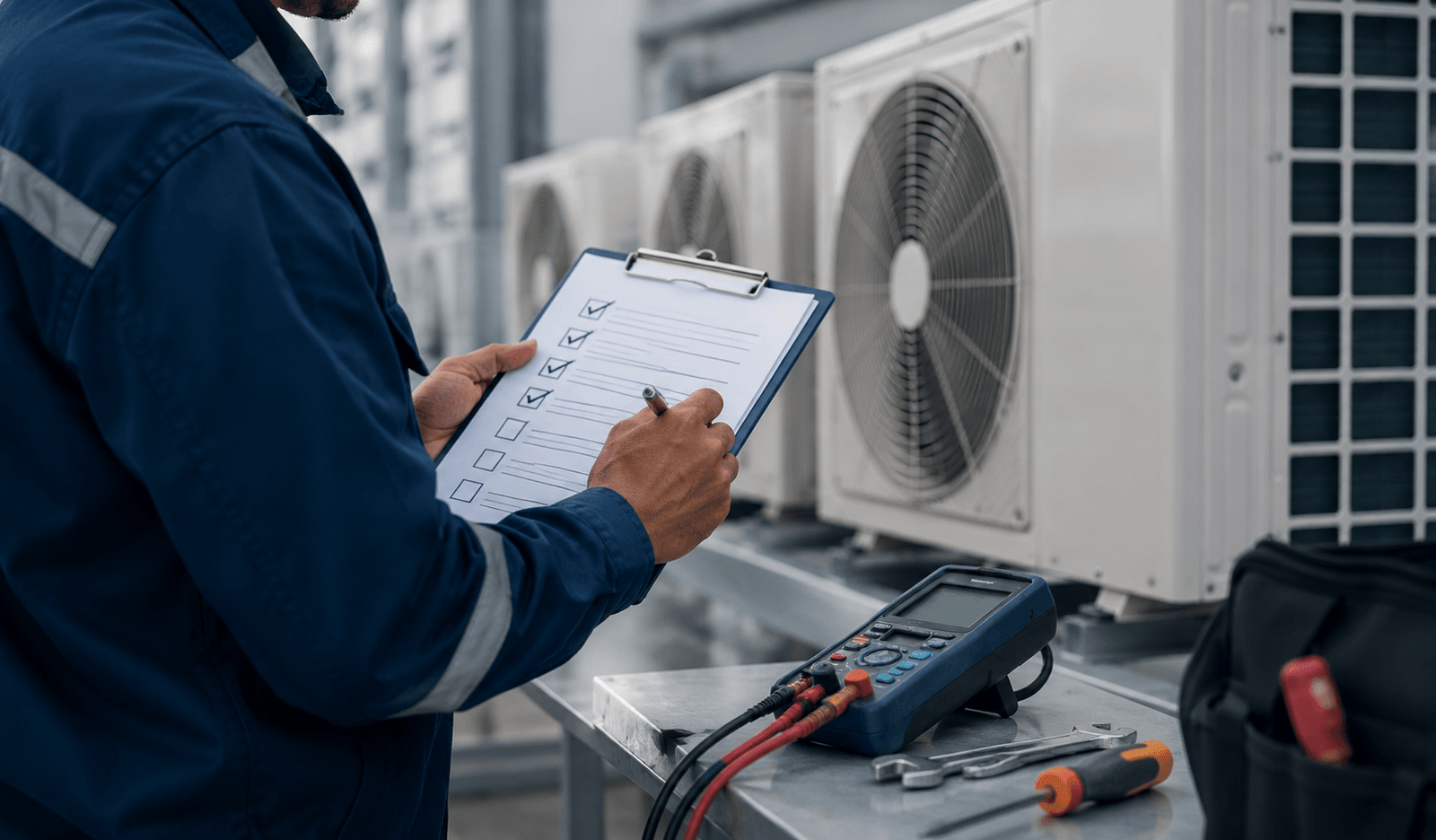 Técnico realizando inspeção em condensadoras